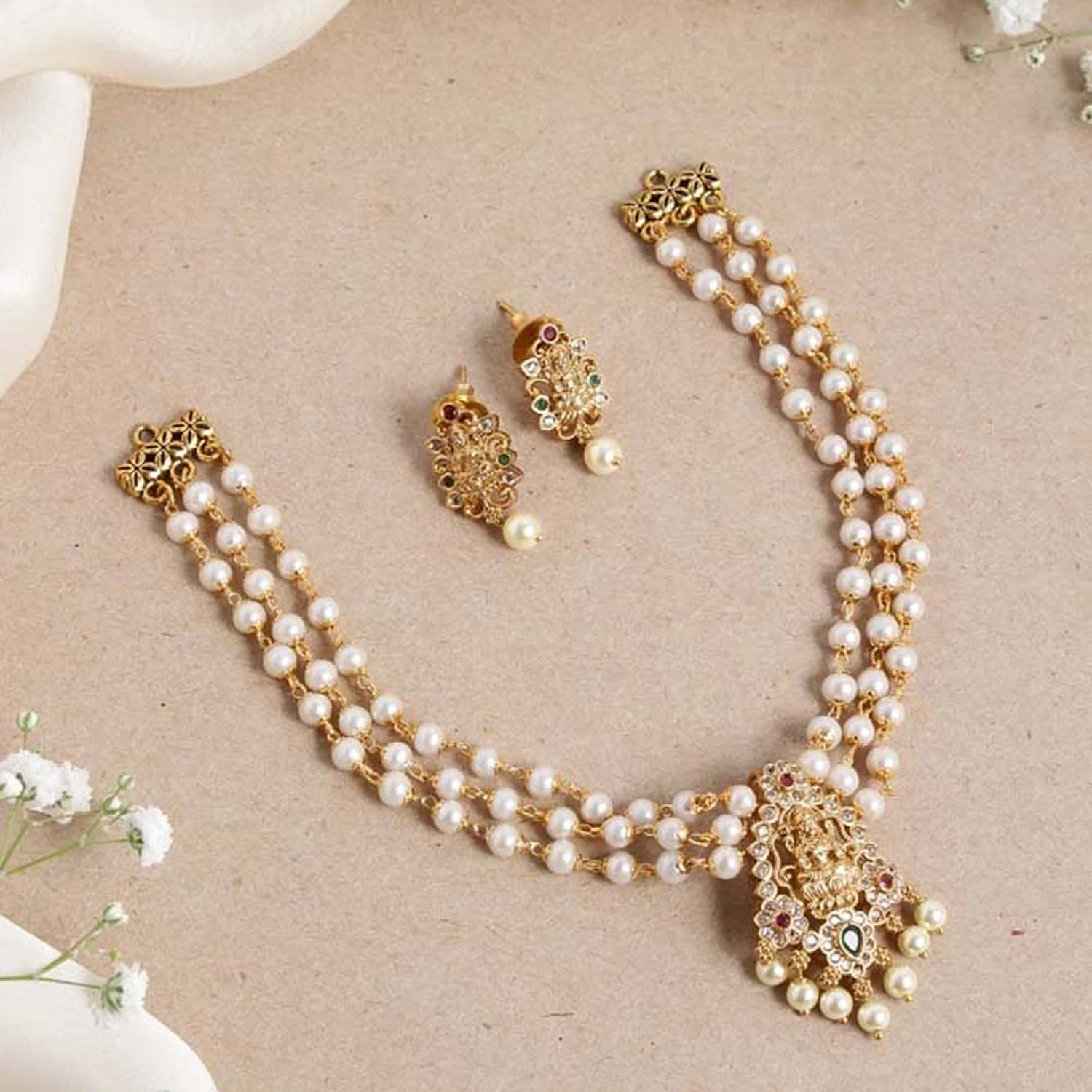 Lakshmi Pearl Gold Plated Choker Set with Earrings