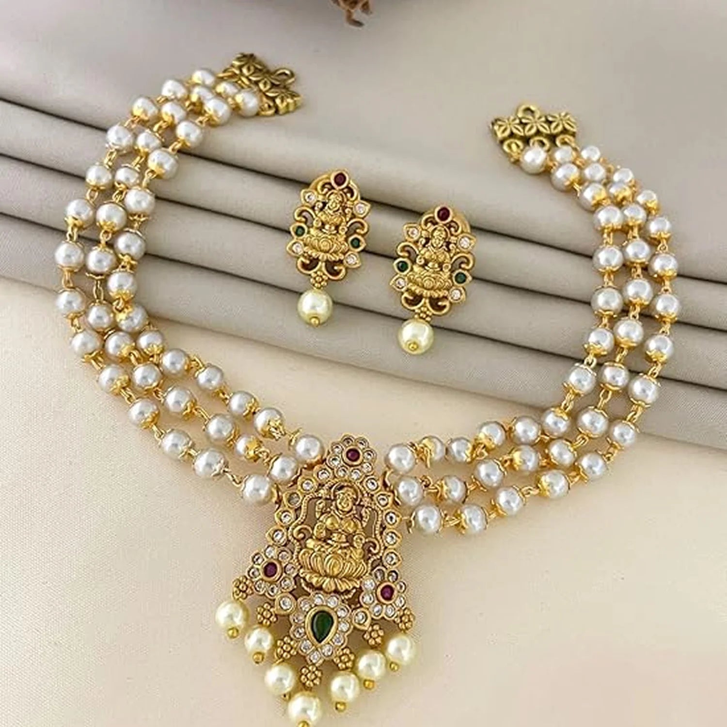 Lakshmi Pearl Gold Plated Choker Set with Earrings