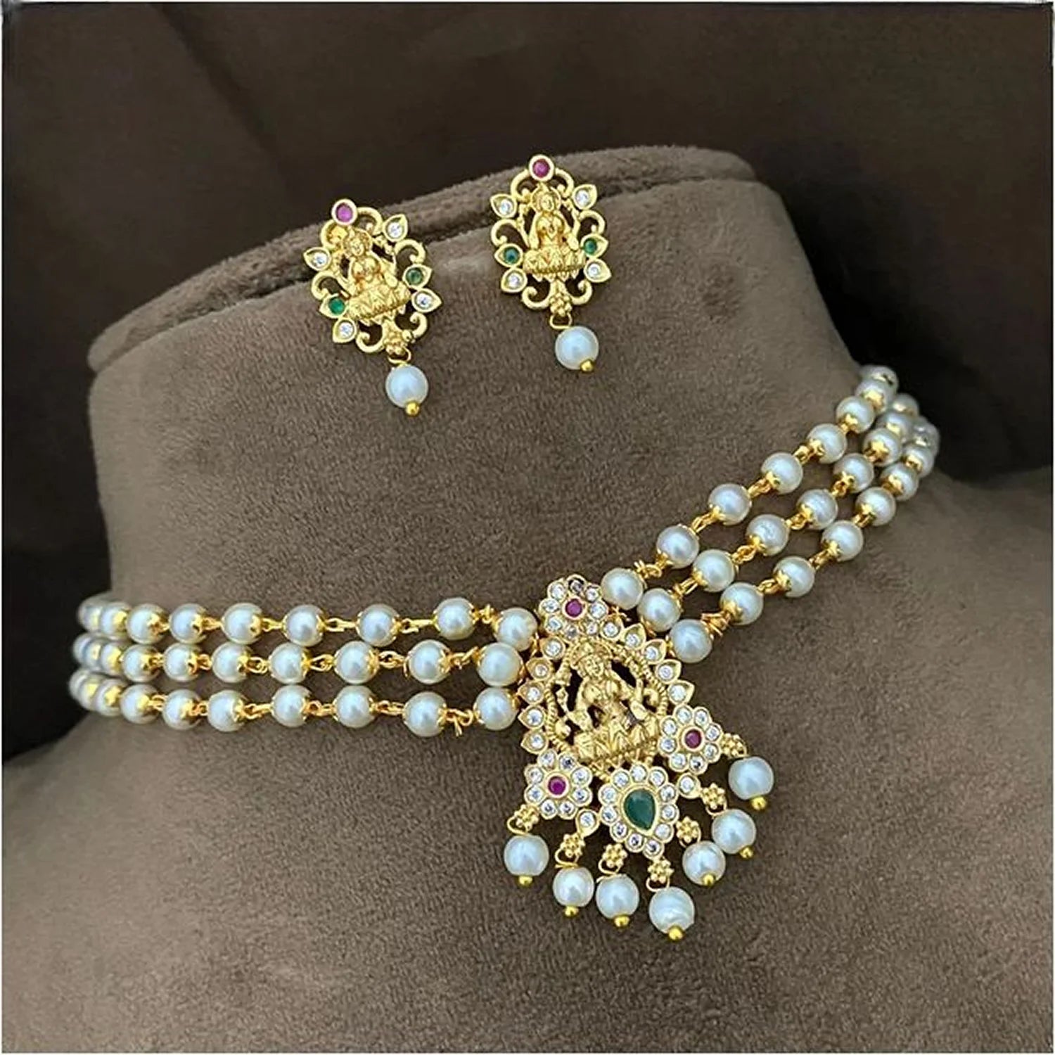 Lakshmi Pearl Gold Plated Choker Set with Earrings