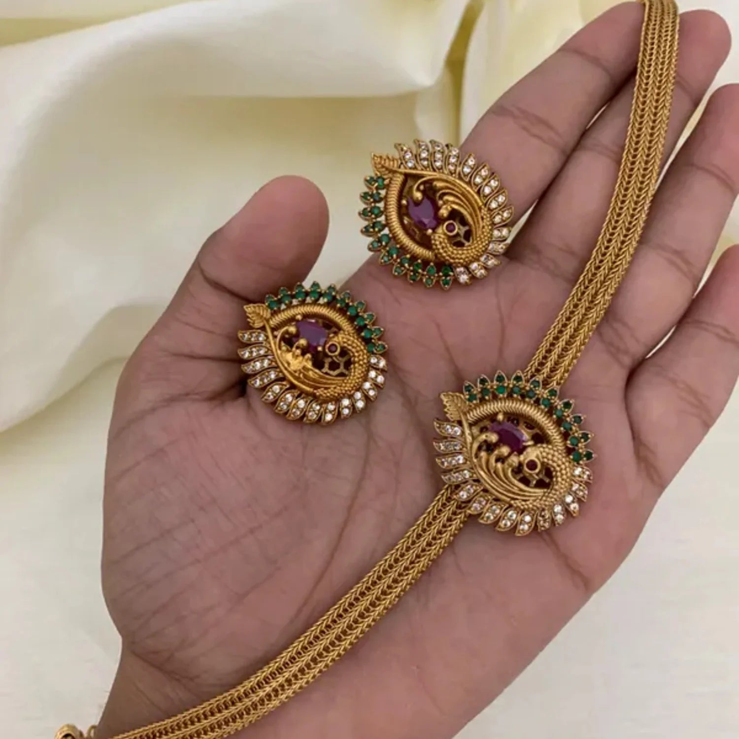 Ruby Green Gold Plated Choker Set with Earrings