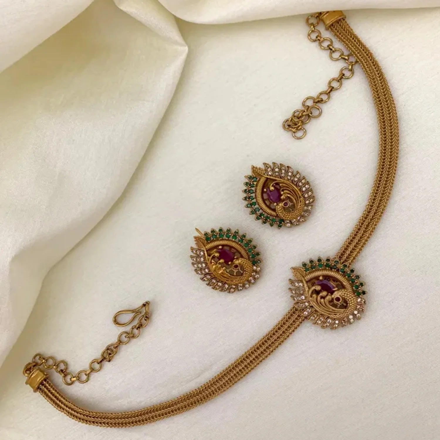 Ruby Green Gold Plated Choker Set with Earrings