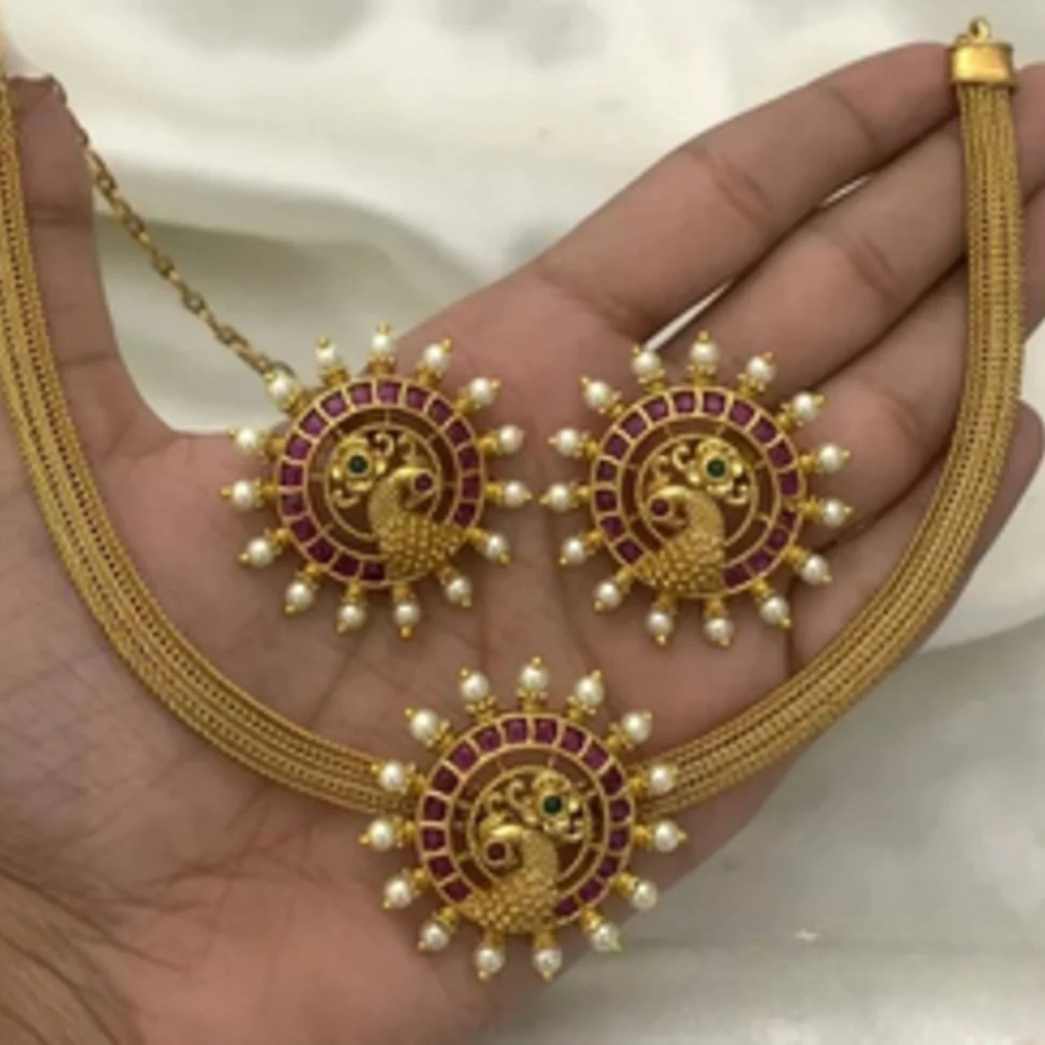 Peacock Ruby Gold Plated Choker Set with Earrings