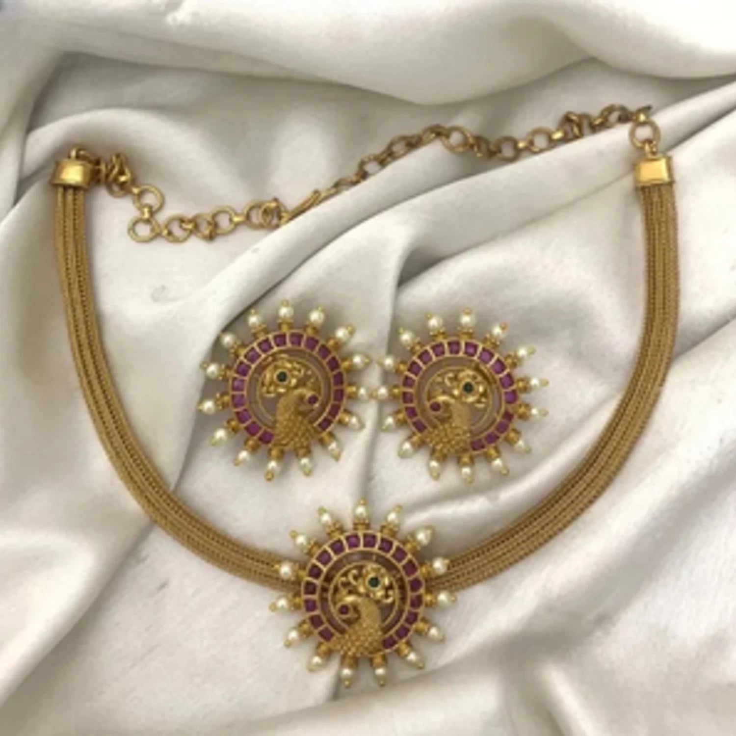 Peacock Ruby Gold Plated Choker Set with Earrings