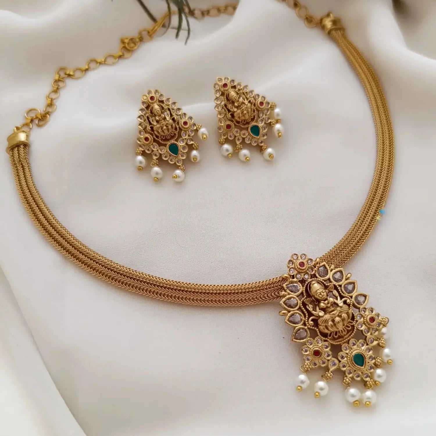 Lakshmi Gold Plated Temple Choker Set with Earrings
