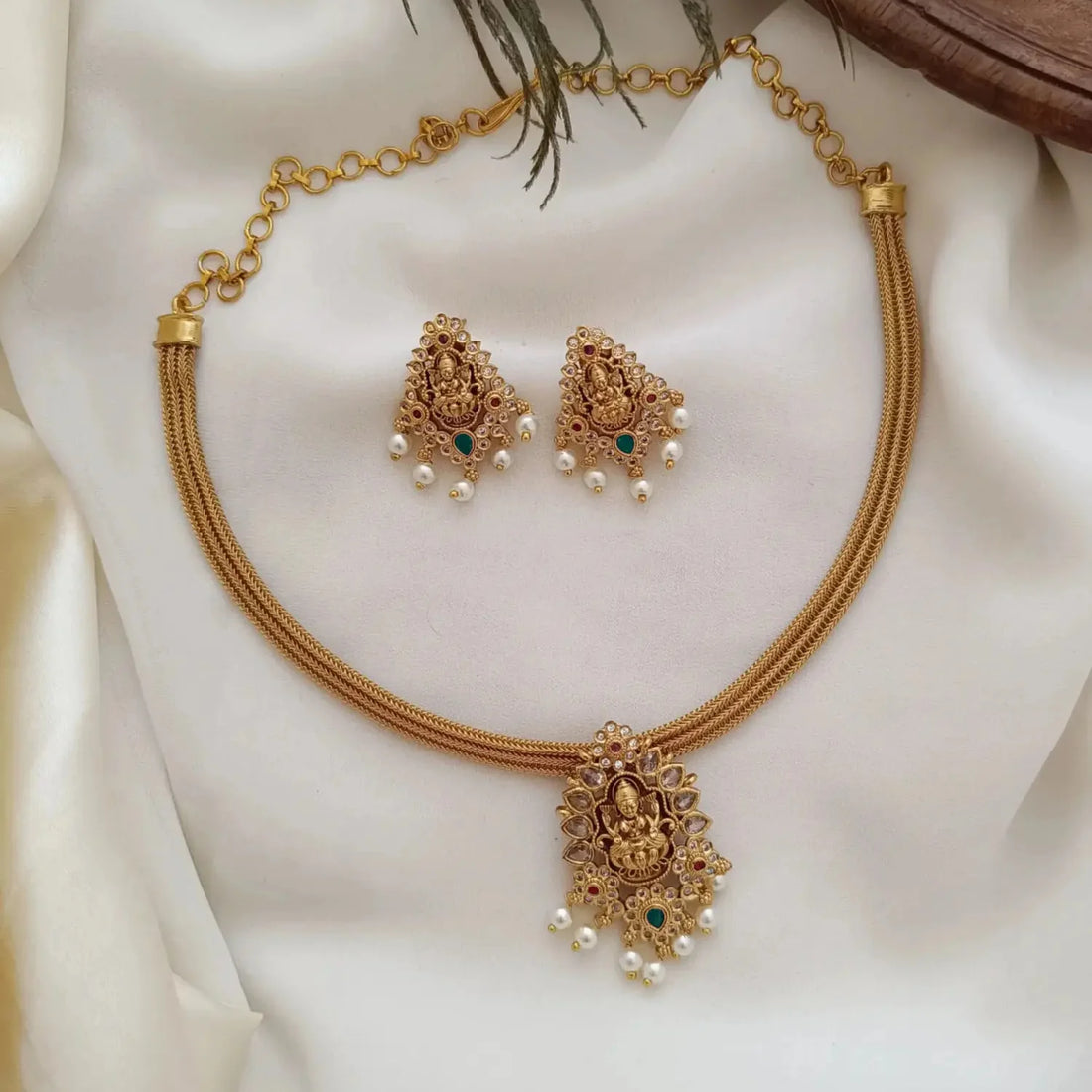 Lakshmi Gold Plated Temple Choker Set with Earrings