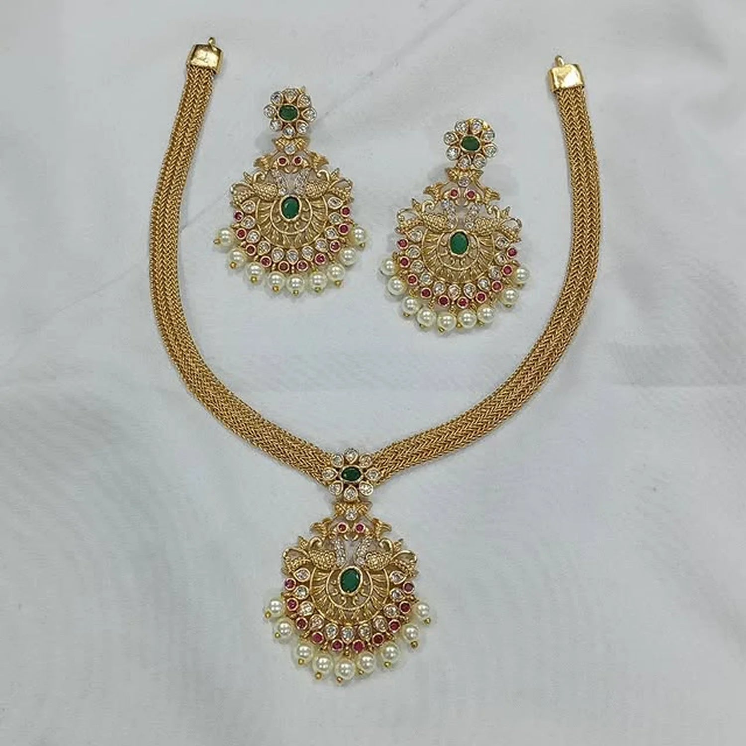 Peacock Green Stone Gold Plated Choker Set with Earrings