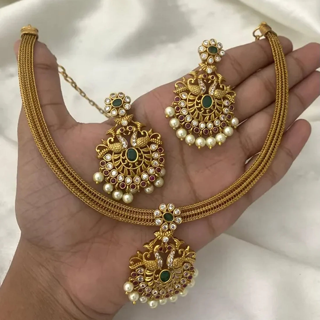 Peacock Green Stone Gold Plated Choker Set with Earrings