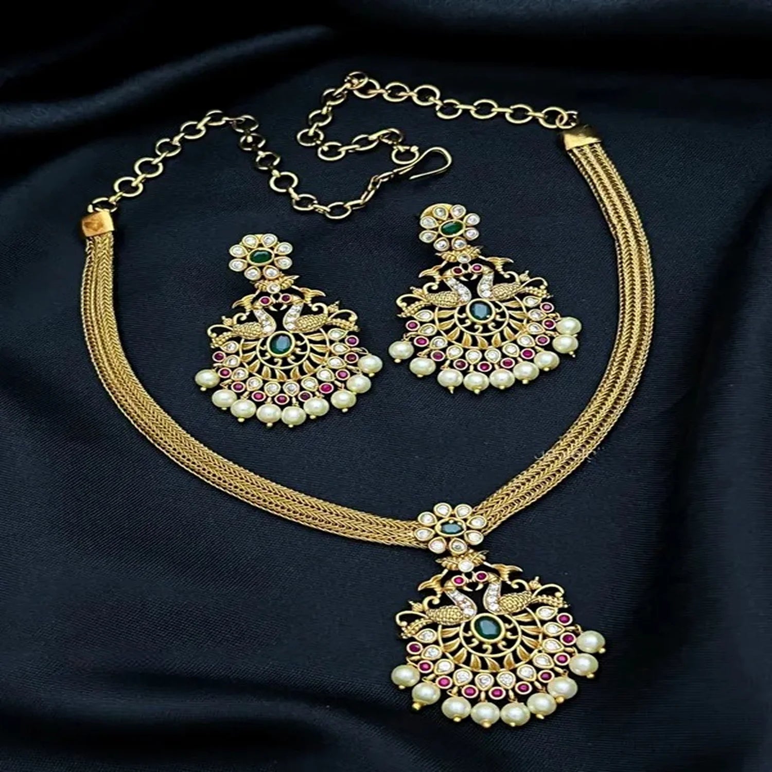 Peacock Green Stone Gold Plated Choker Set with Earrings