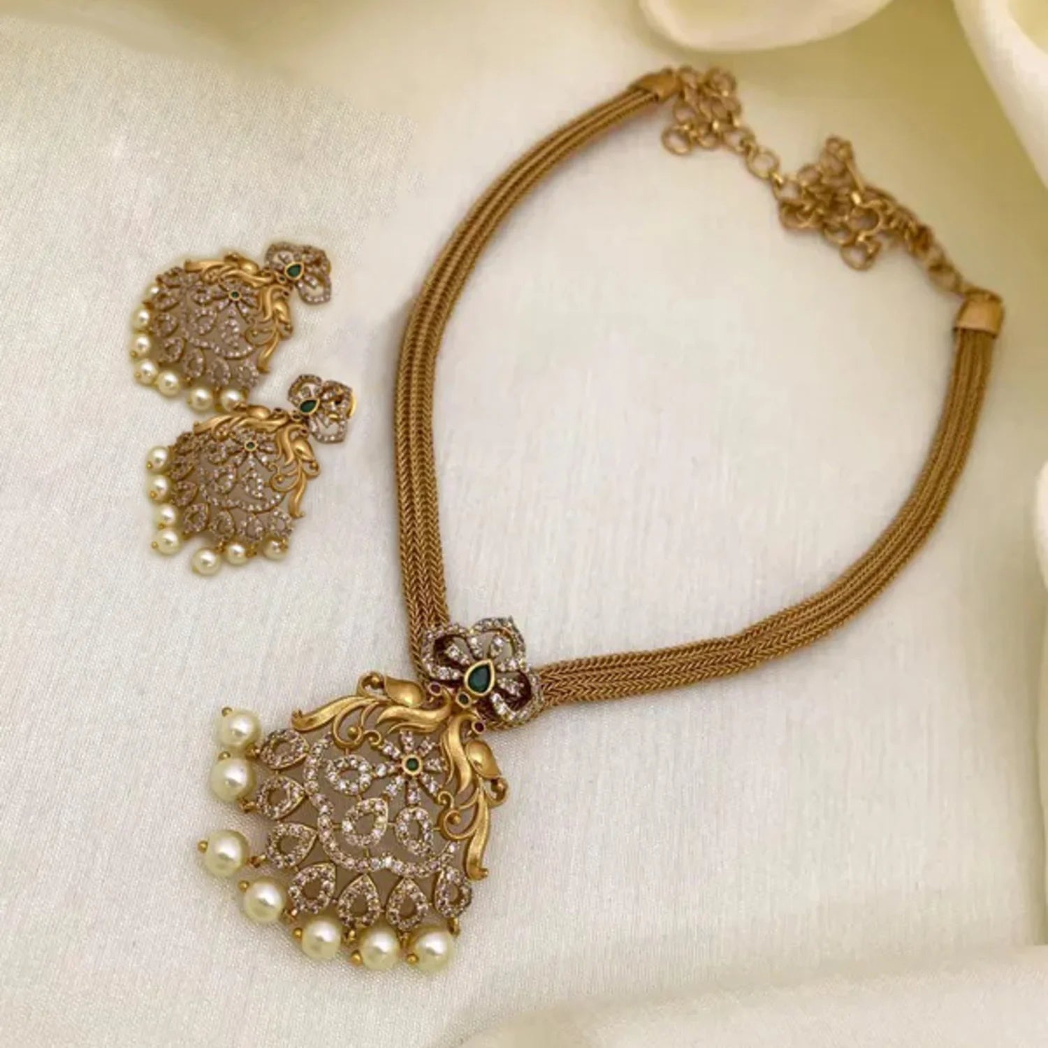 American Diamond Pearl Gold Plated Choker Set