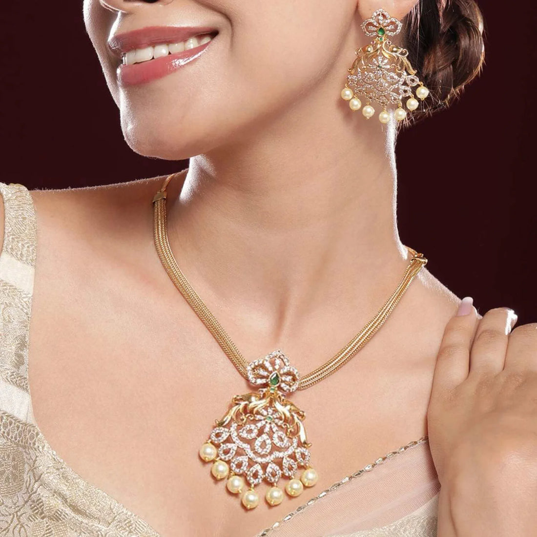 American Diamond Pearl Gold Plated Choker Set