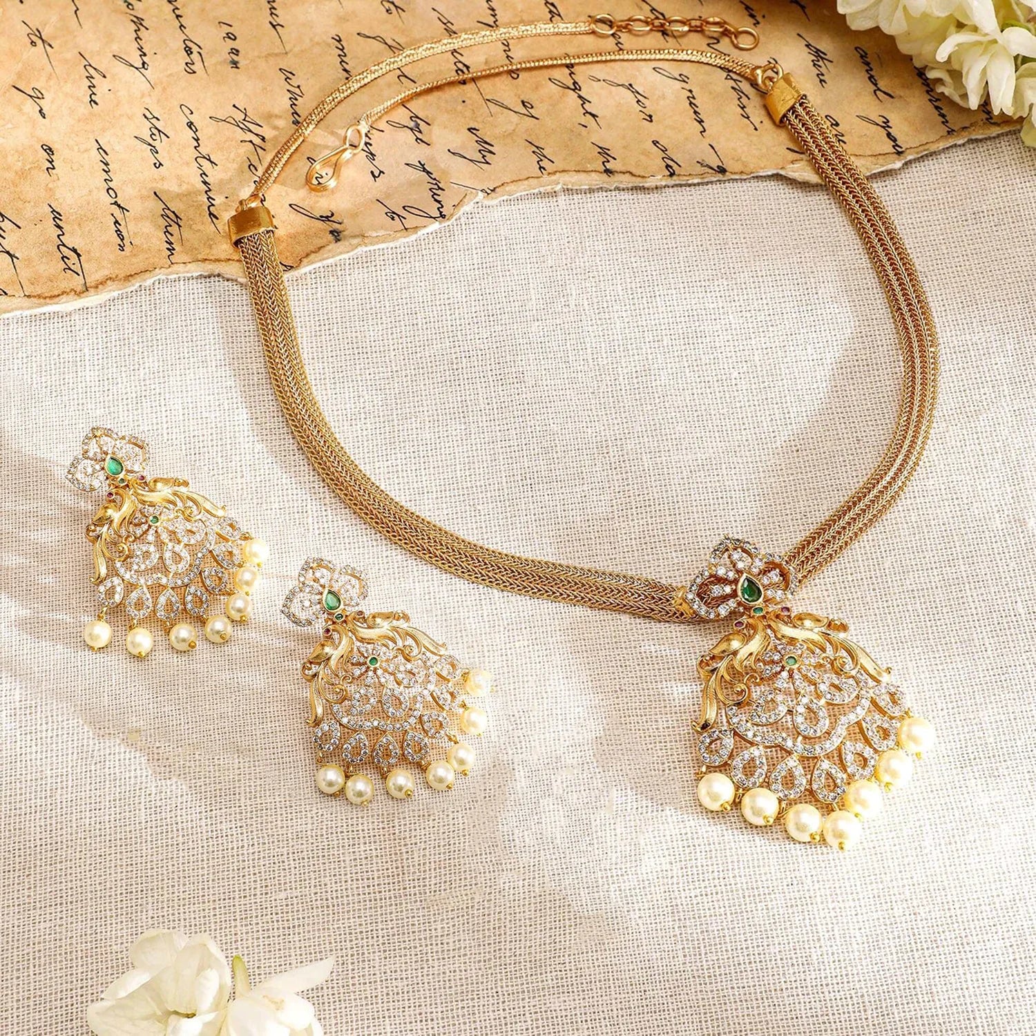 American Diamond Pearl Gold Plated Choker Set