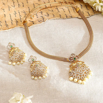 American Diamond Pearl Gold Plated Choker Set