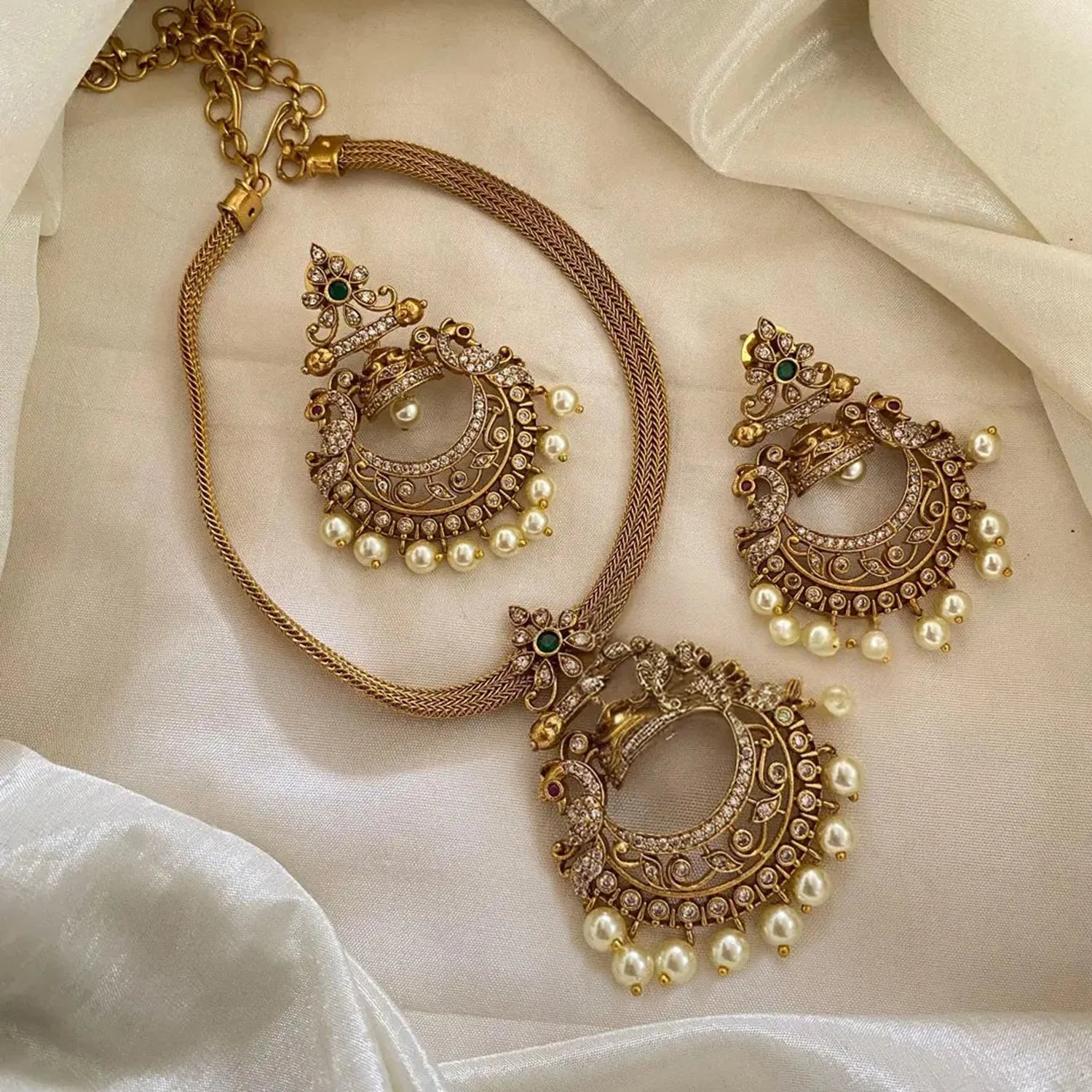 Floral AD Stone Gold Plated Choker Set with Earrings