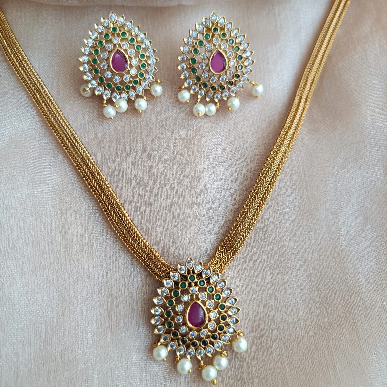 Ruby Stone Gold Plated Mesh Choker Set with Earrings