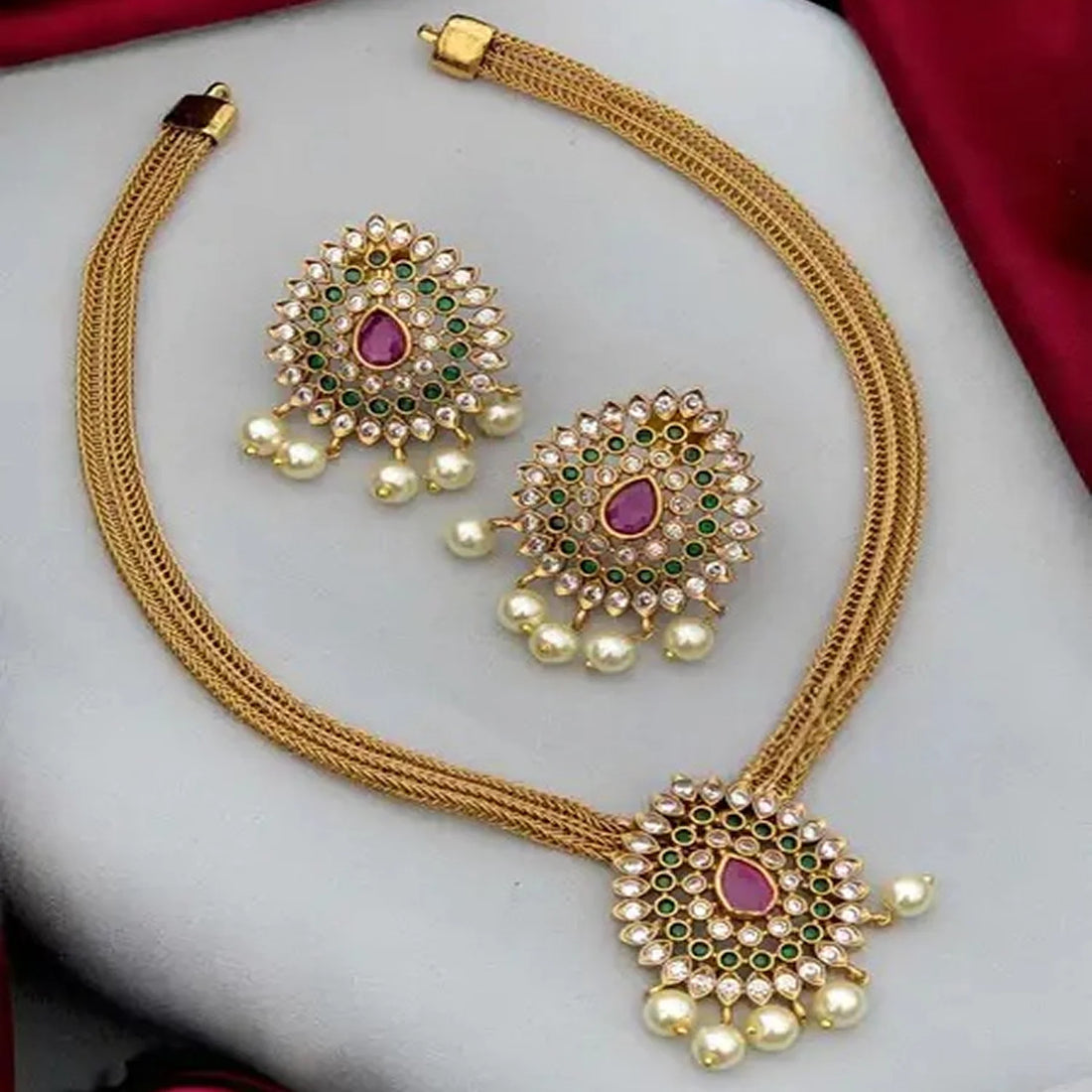 Ruby Stone Gold Plated Mesh Choker Set with Earrings