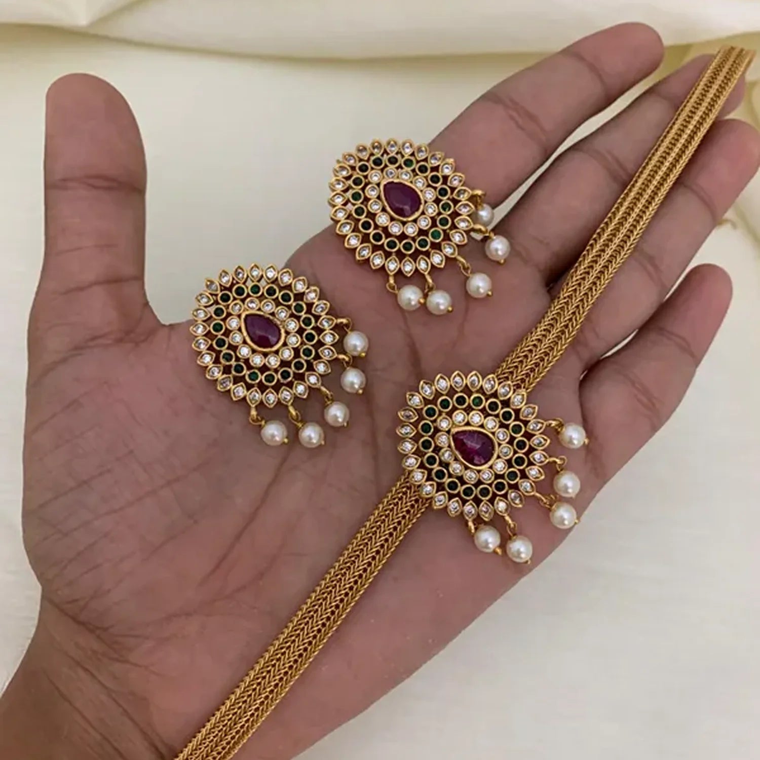 Ruby Stone Gold Plated Mesh Choker Set with Earrings