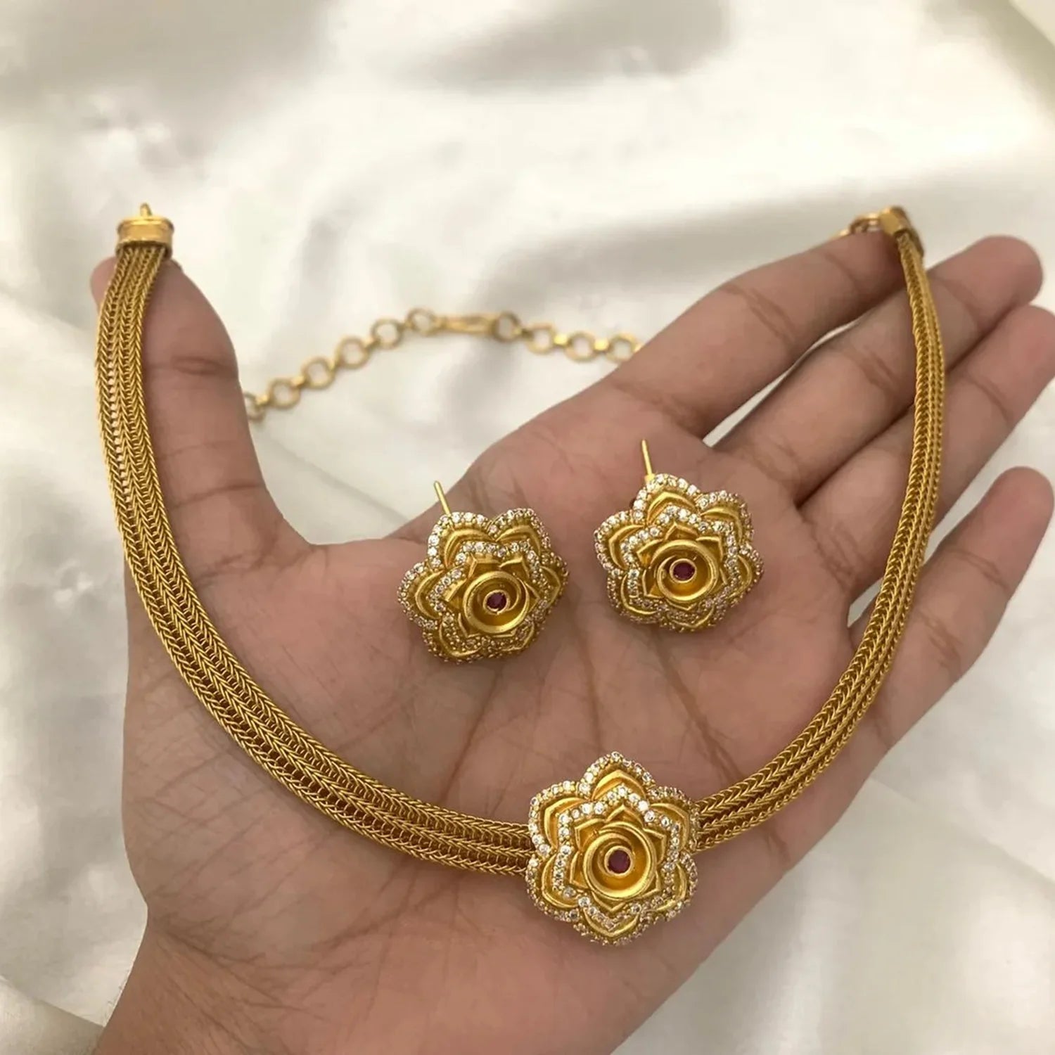 Floral Gold Plated AD Choker Set with Earrings