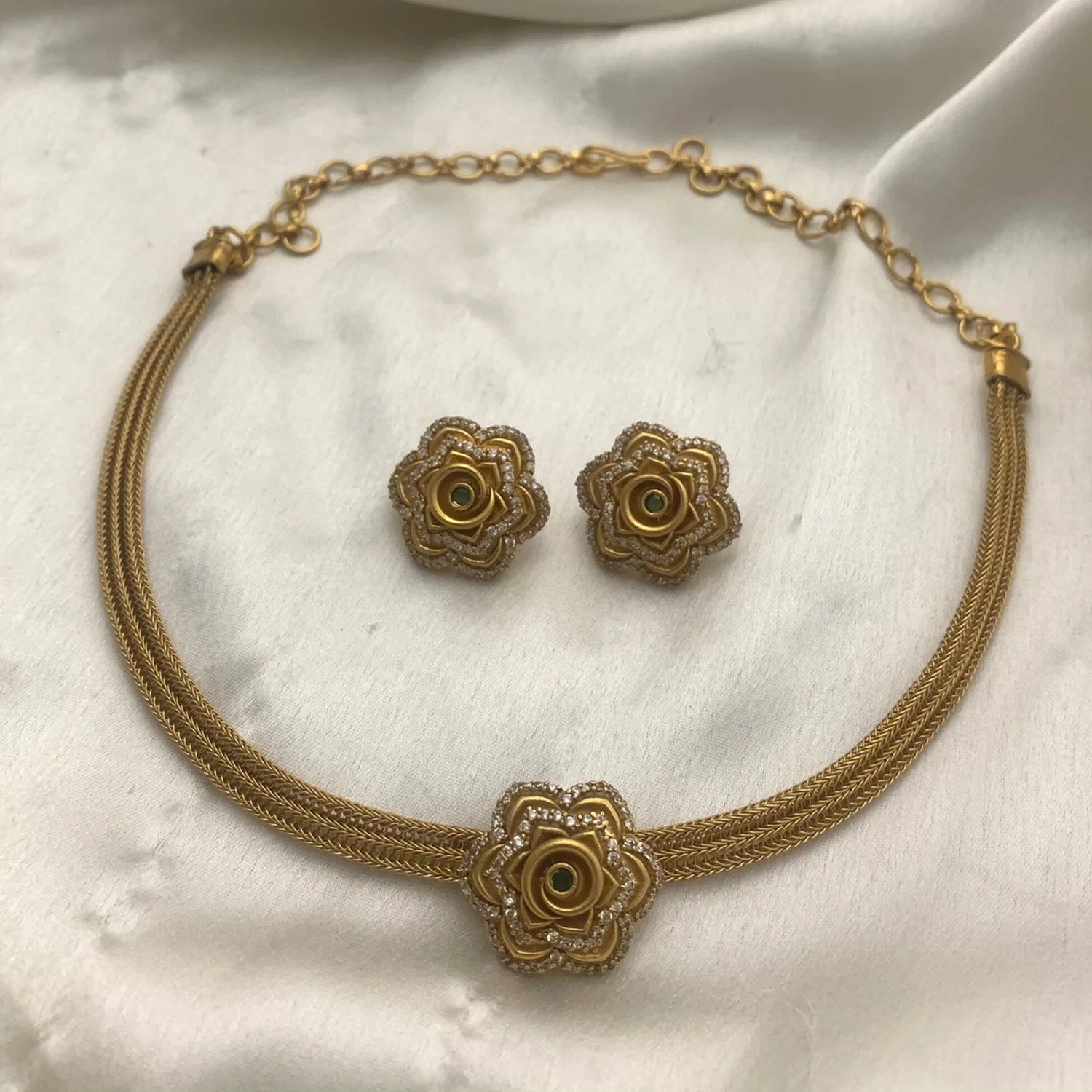 Floral Gold Plated AD Choker Set with Earrings