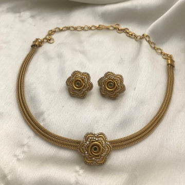 Floral Gold Plated AD Choker Set with Earrings