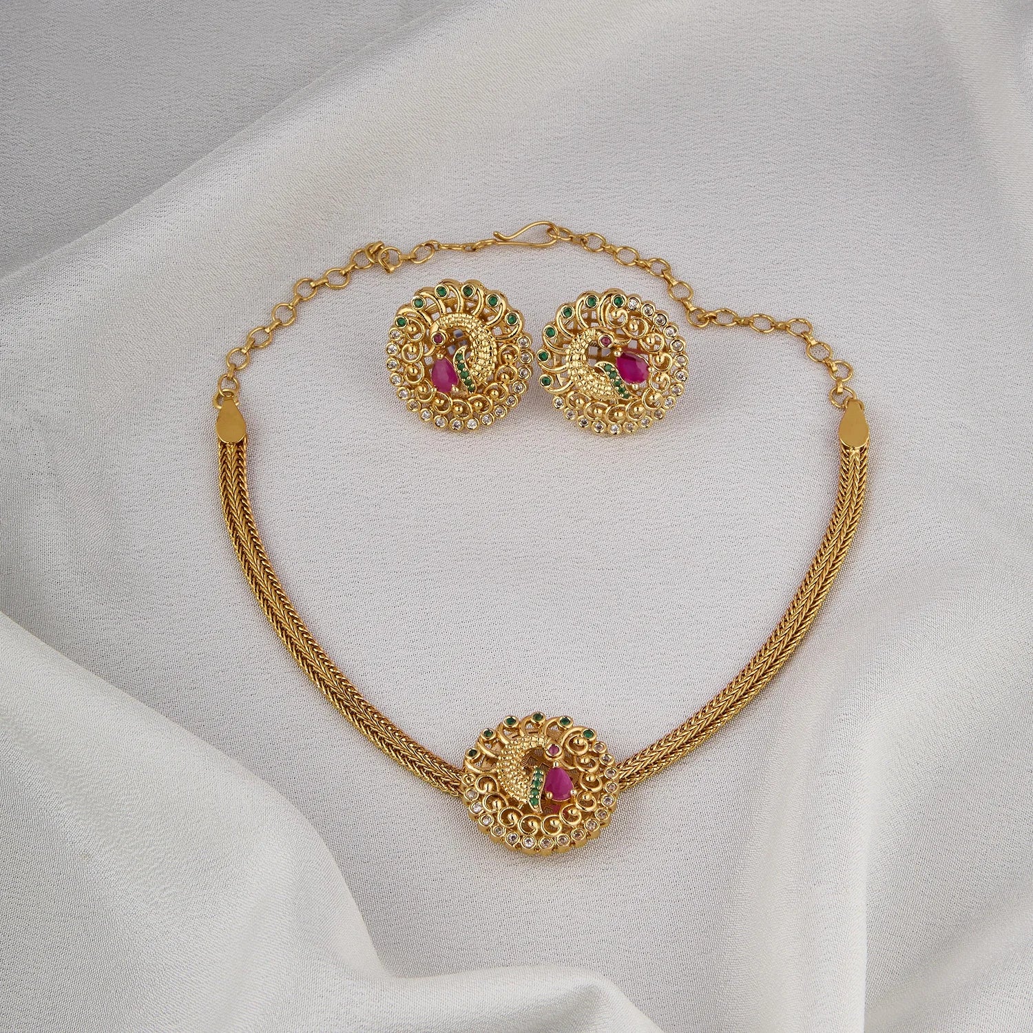 Peacock Ruby Gold Plated Mesh Choker Set with Earrings