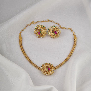 Peacock Ruby Gold Plated Mesh Choker Set with Earrings