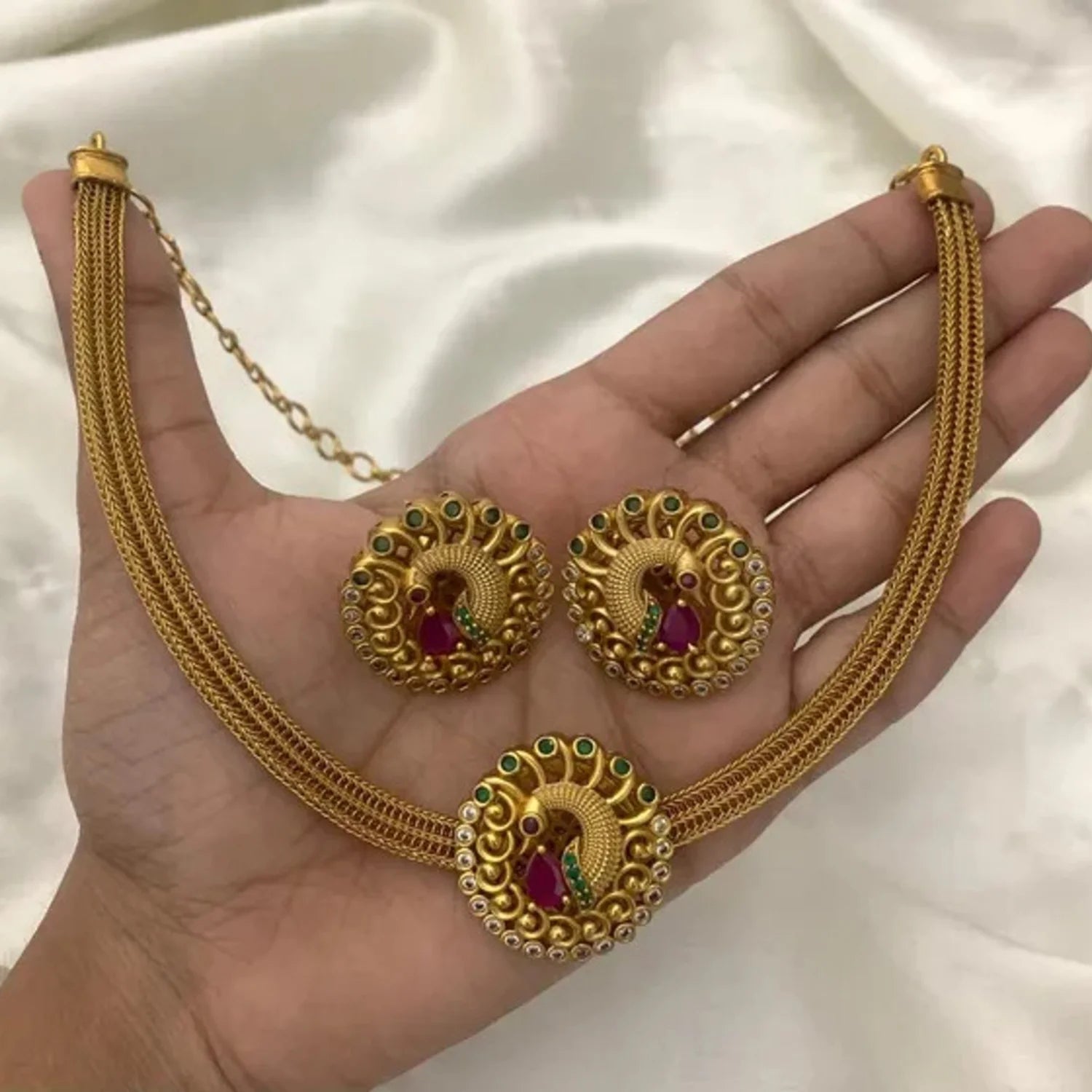 Peacock Ruby Gold Plated Mesh Choker Set with Earrings