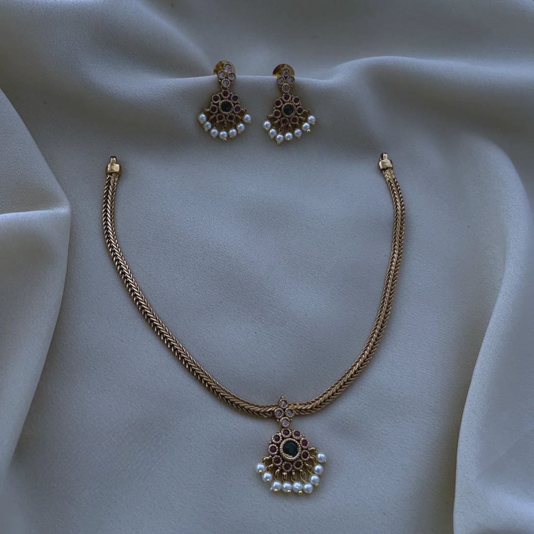 Matte Gold AD Temple Choker Set with Pearl Drops