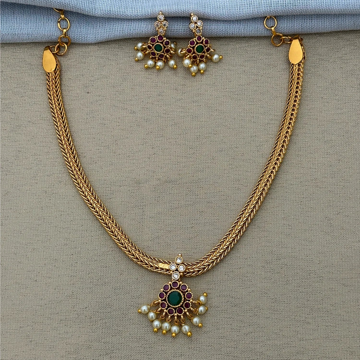 Matte Gold AD Temple Choker Set with Pearl Drops