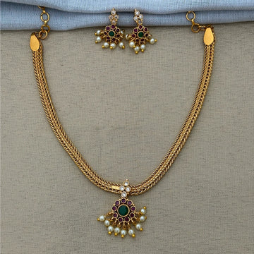 Matte Gold AD Temple Choker Set with Pearl Drops