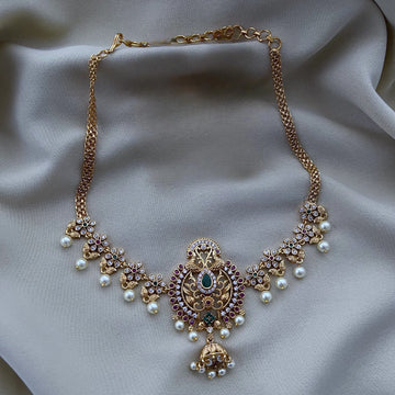 Antique Temple Pendant Gold Plated Choker Set with Pearls