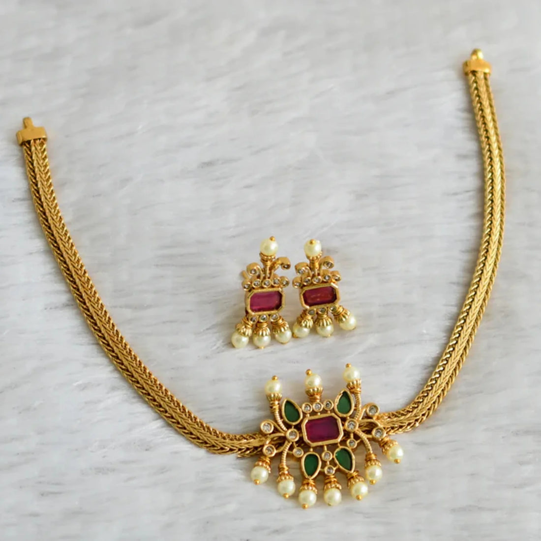 Ruby Green Gold Plated Mesh Choker Set with Earrings