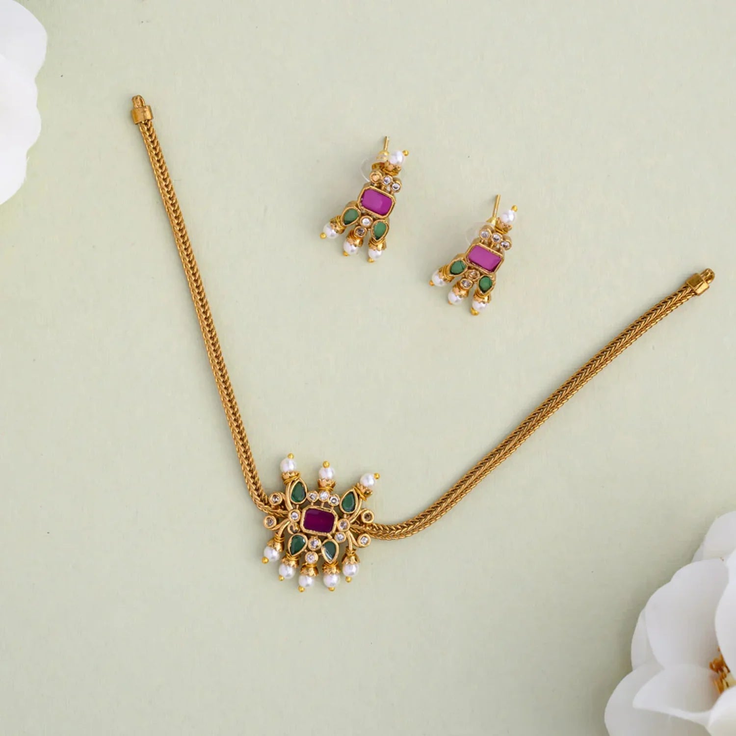 Ruby Green Gold Plated Mesh Choker Set with Earrings