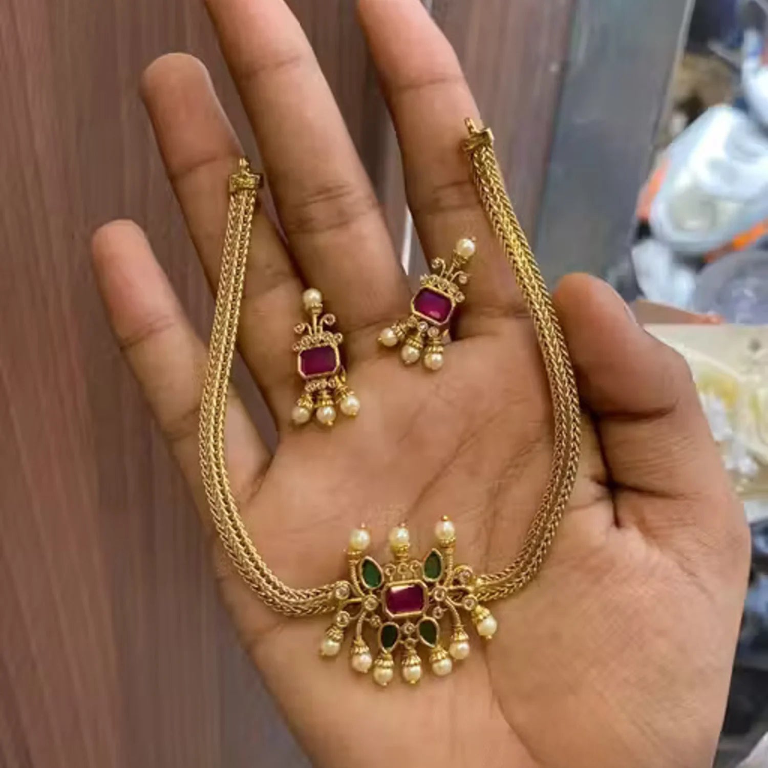 Ruby Green Gold Plated Mesh Choker Set with Earrings