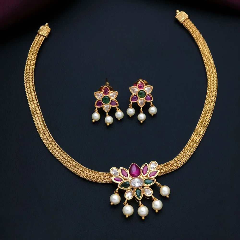 Kundan Style AD Floral Choker Set with Pearl Drops