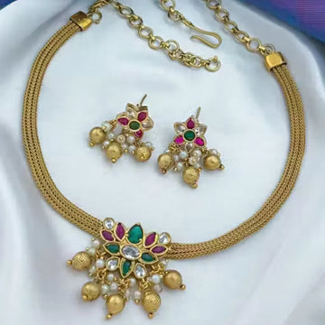 Kundan Style AD Floral Choker Set with Pearl Drops