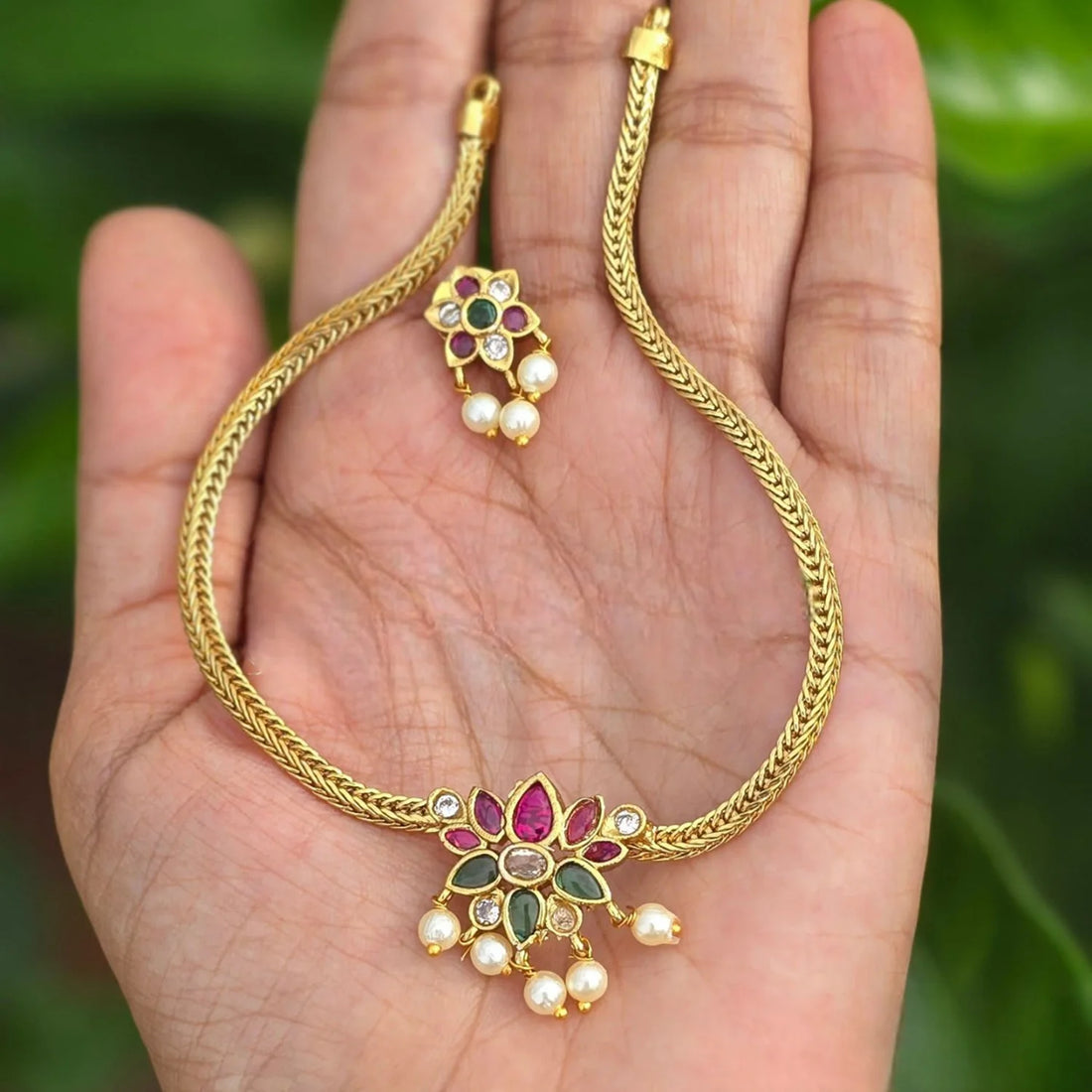 Kundan Style AD Floral Choker Set with Pearl Drops