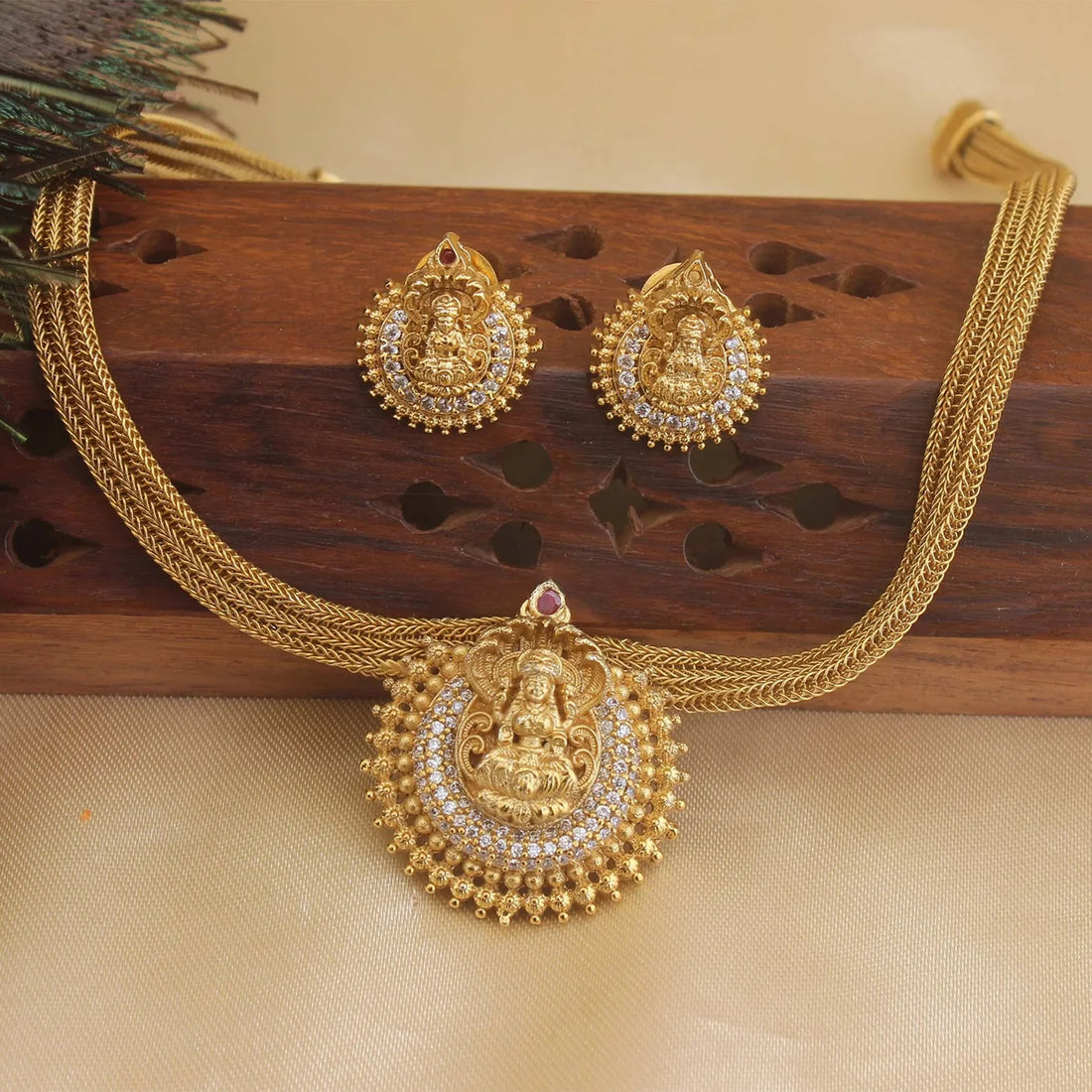 Lakshmi Temple Gold Plated Mesh Choker Set with Earrings
