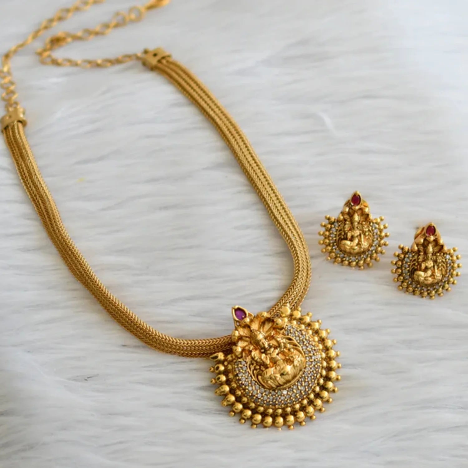 Lakshmi Temple Gold Plated Mesh Choker Set with Earrings