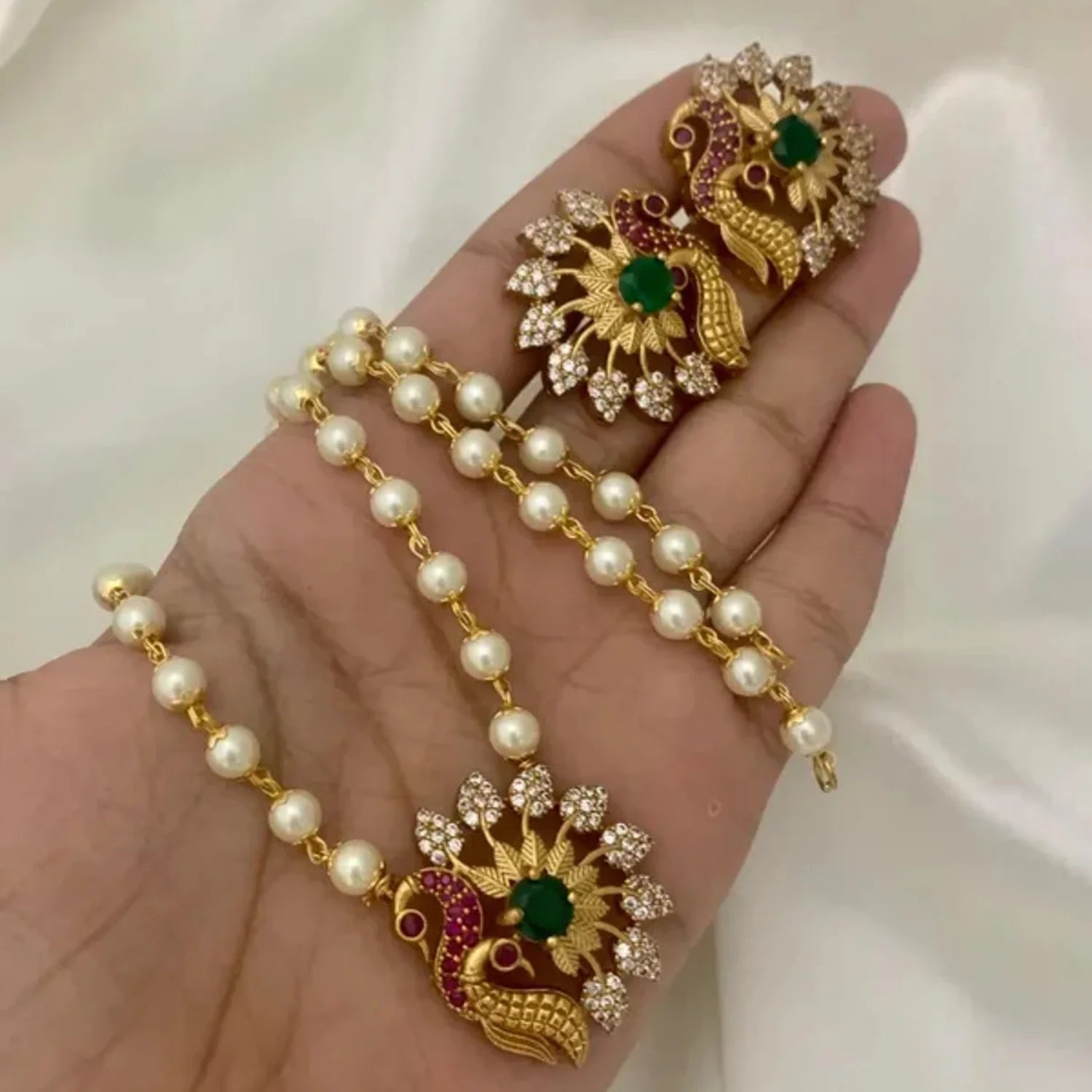 Peacock Pearl Pendant Necklace Set with Earrings