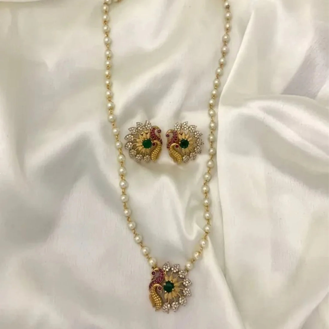 Peacock Pearl Pendant Necklace Set with Earrings