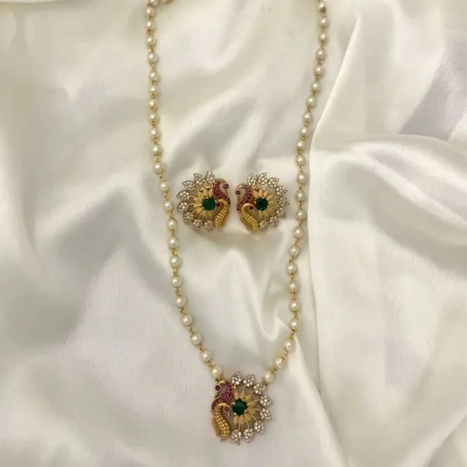 Peacock Pearl Pendant Necklace Set with Earrings
