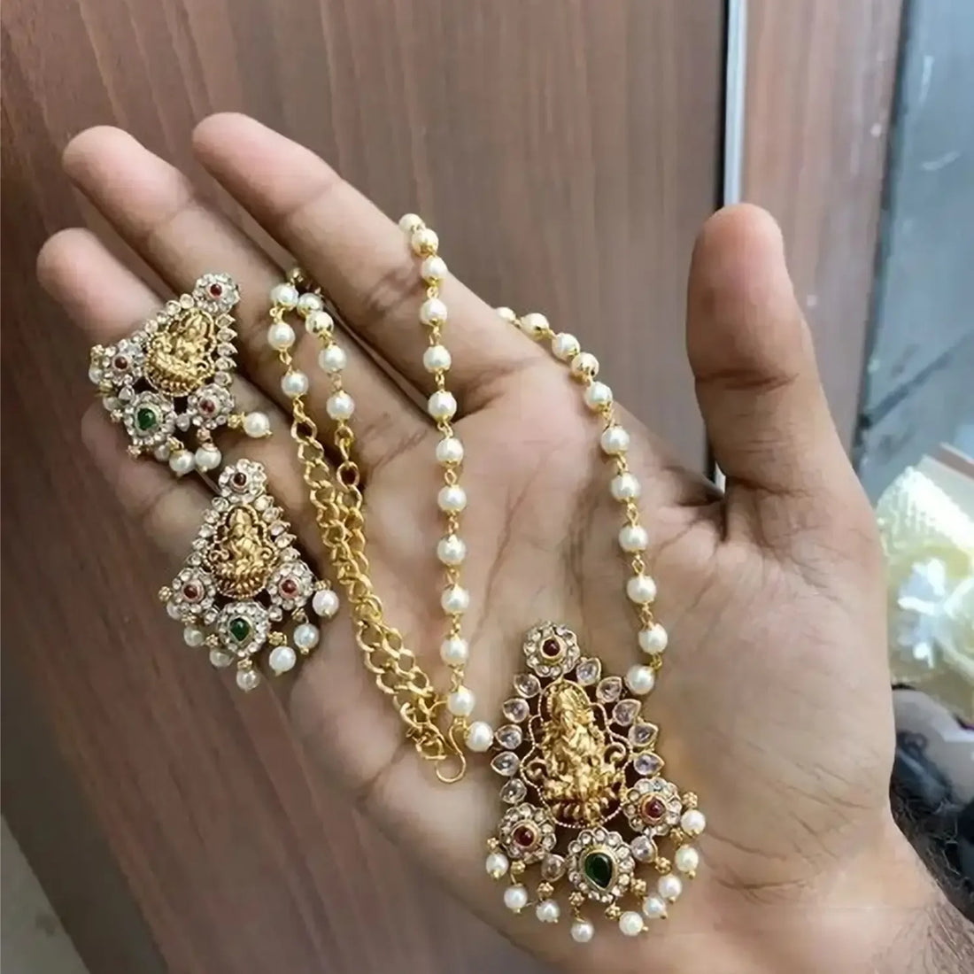 Lakshmi Pearl Gold Plated Pendant Necklace Set