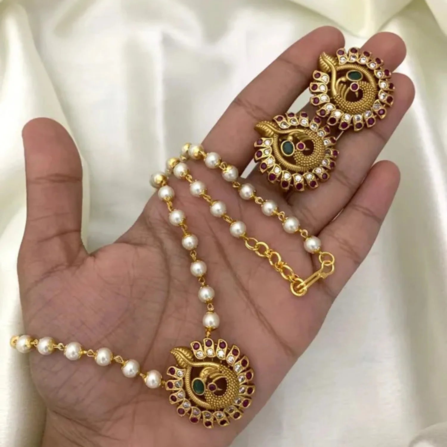 Peacock Pearl Gold Plated Pendant Set with Earrings