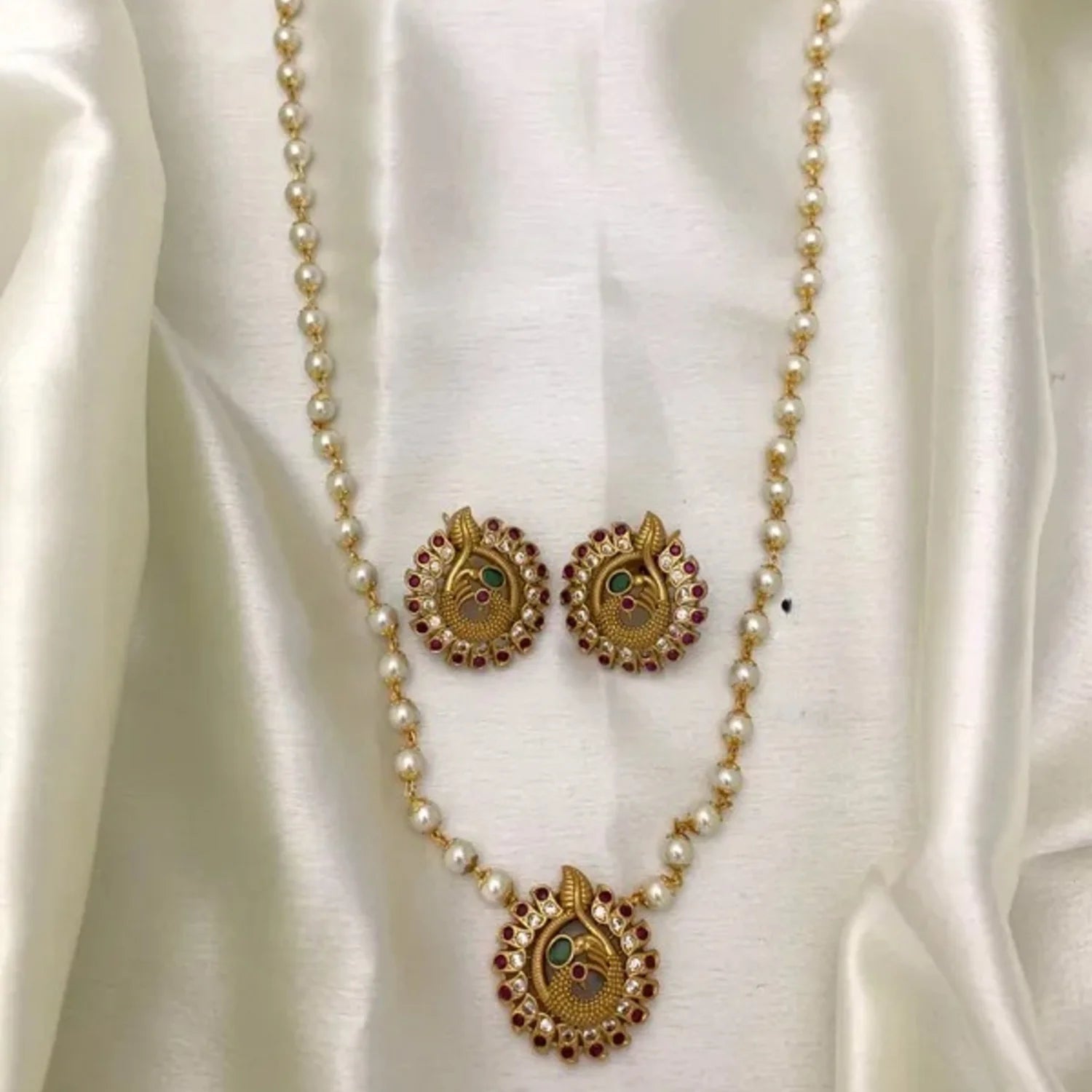 Peacock Pearl Gold Plated Pendant Set with Earrings