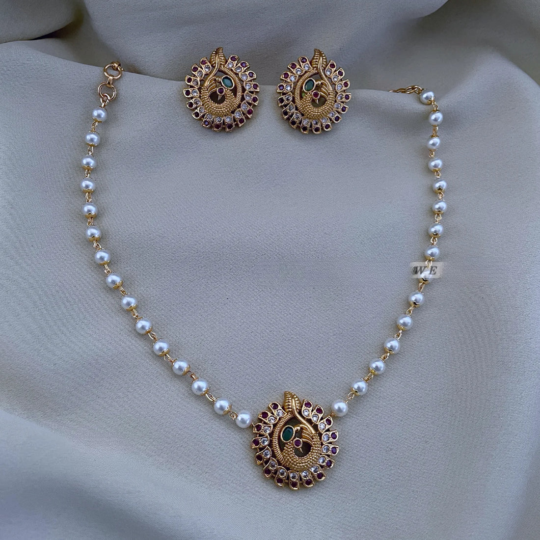 Peacock Pearl Gold Plated Pendant Set with Earrings