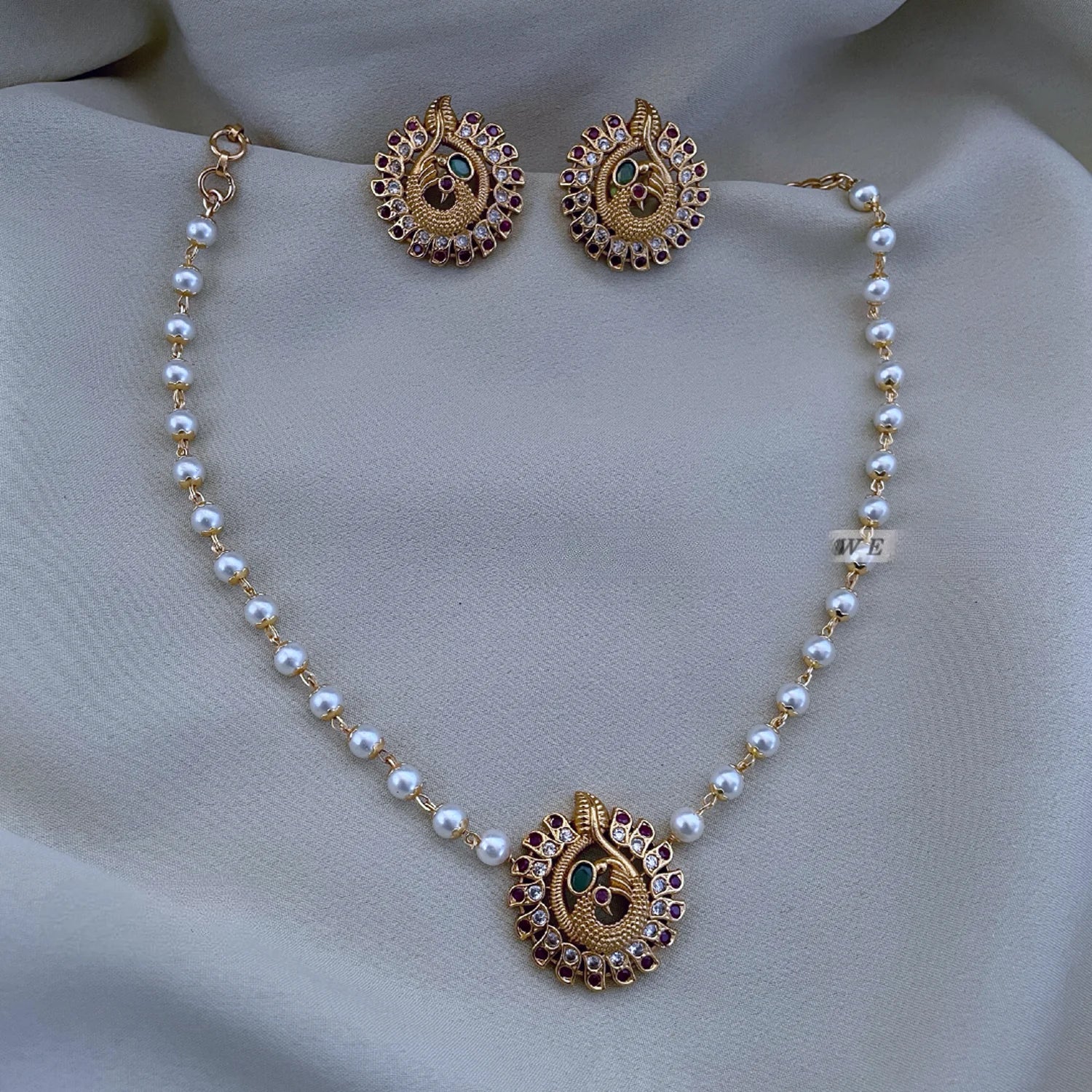 Peacock Pearl Gold Plated Pendant Set with Earrings