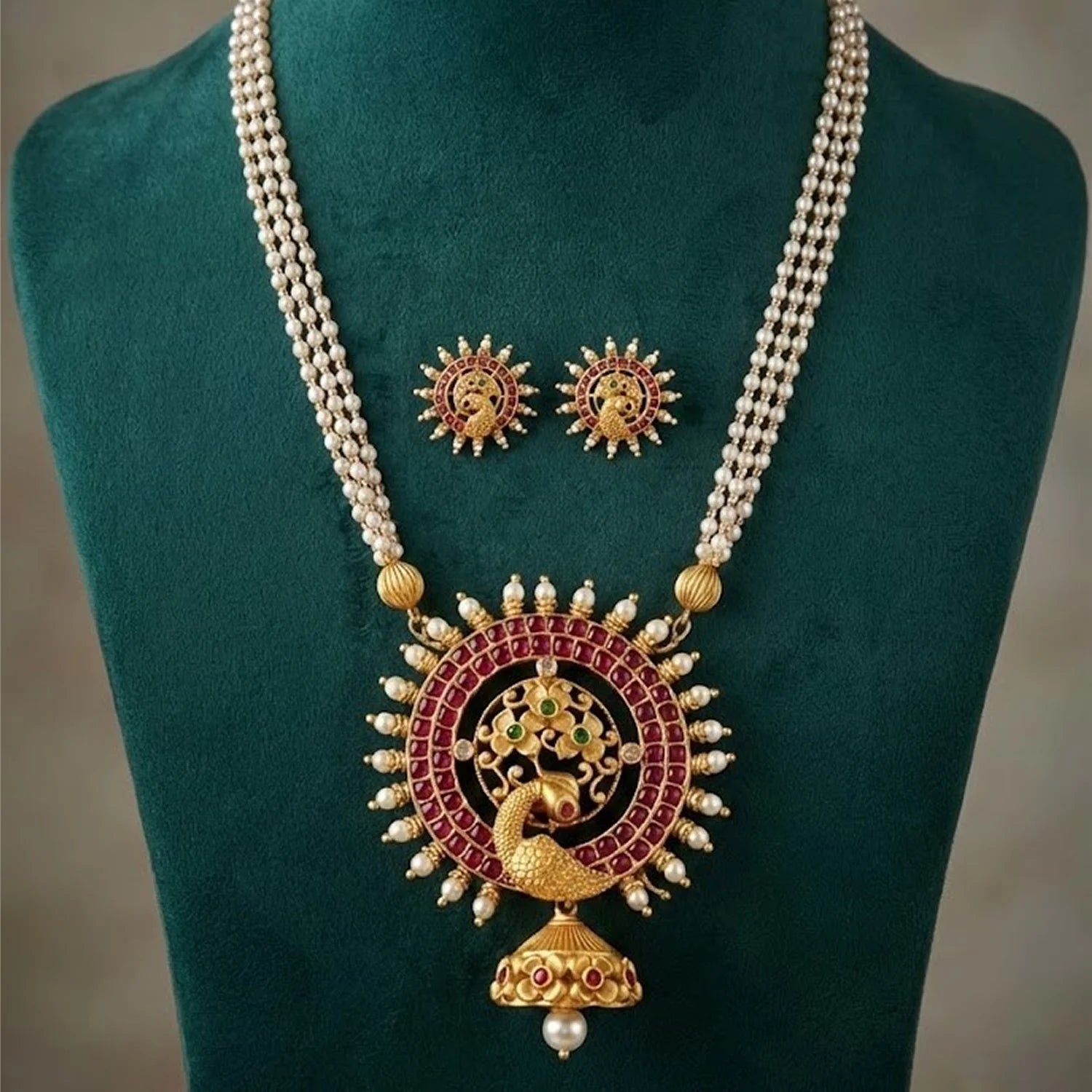 Peacock Pearl Gold Plated Pendant Necklace Set