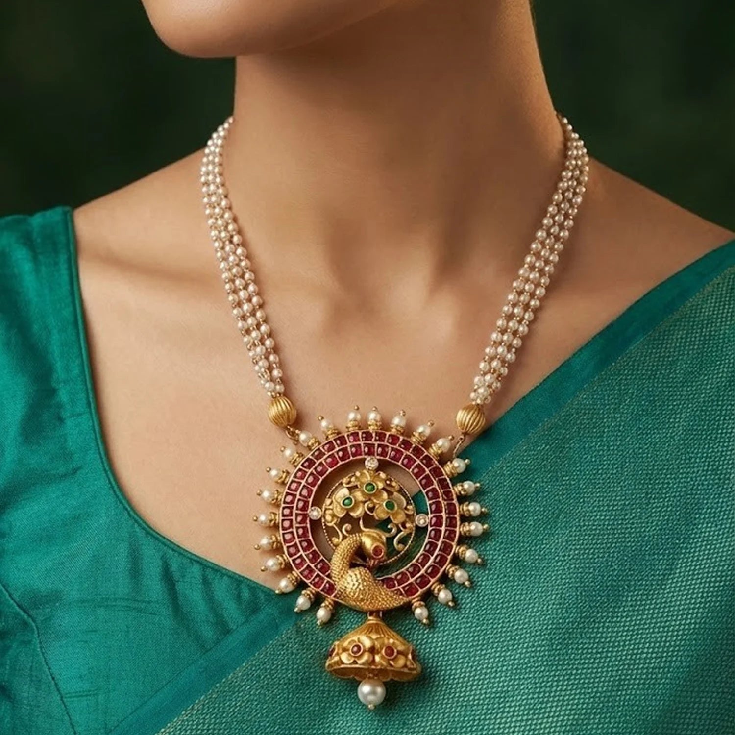 Peacock Pearl Gold Plated Pendant Necklace Set