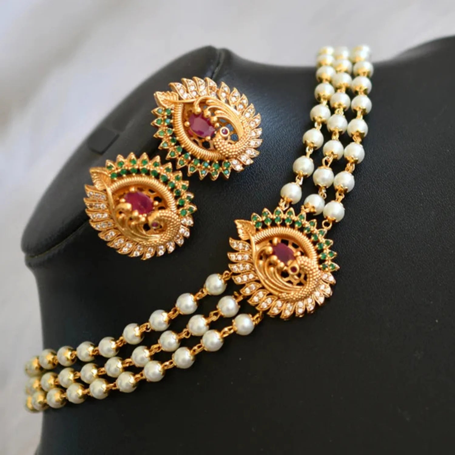 Peacock Pearl Layered Gold Plated Mala Choker Set