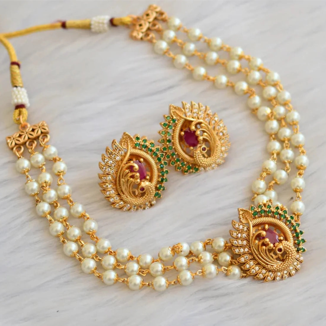 Peacock Pearl Layered Gold Plated Mala Choker Set